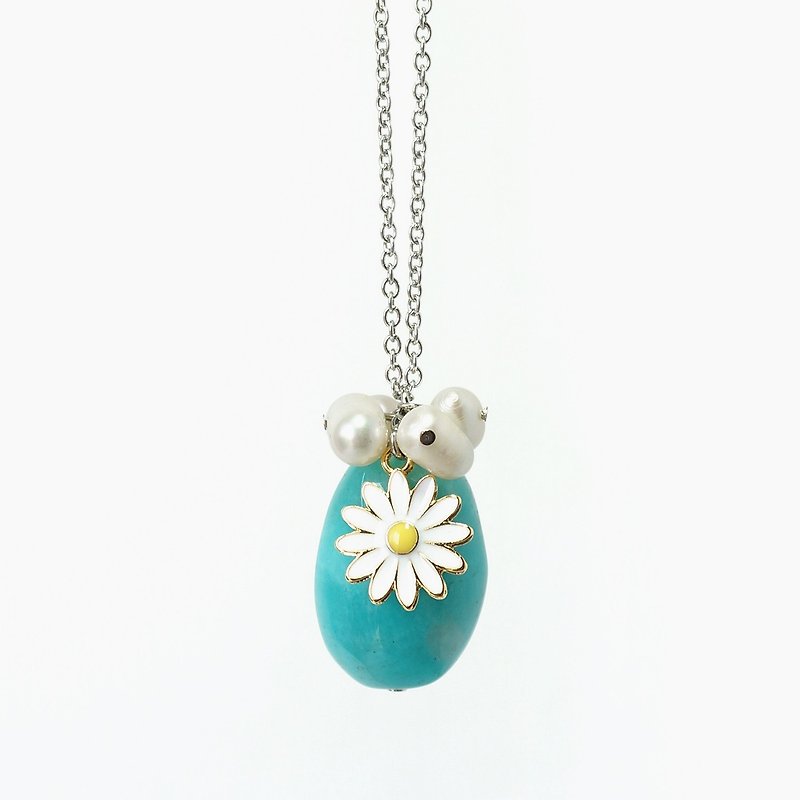 Amazonite + Pearl + Sunflower Charm Necklace - Necklaces - Semi-Precious Stones Green