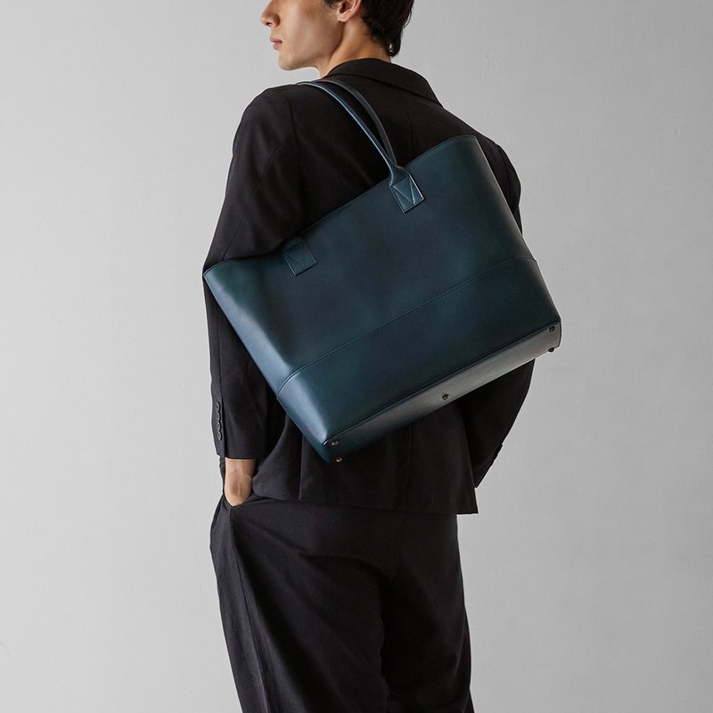 Antique large-capacity tote bag-retro bright blue (limited quantity while stocks last) - Messenger Bags & Sling Bags - Genuine Leather Blue