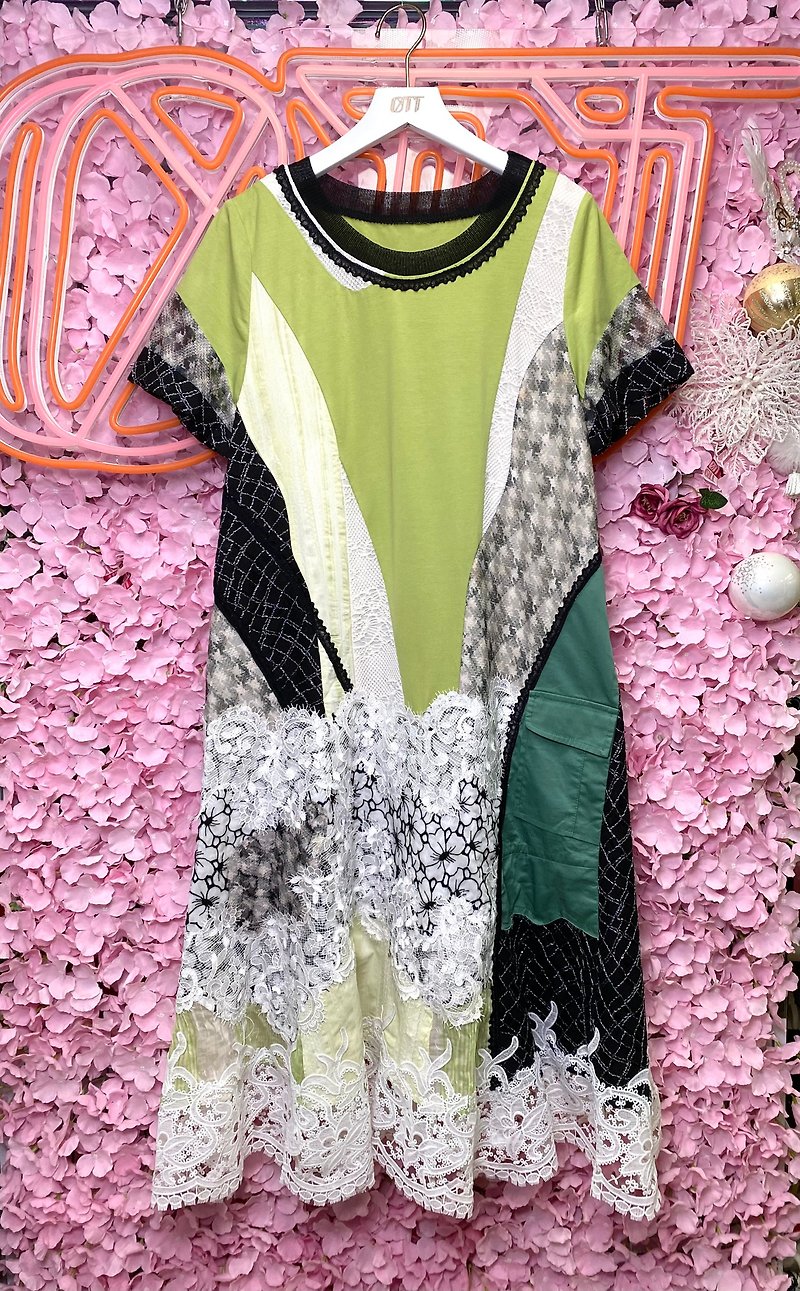 OTT獨一無二•Unique 日系牛油果綠重工蕾絲拼布連衣裙 - 洋裝/連身裙 - 棉．麻 綠色