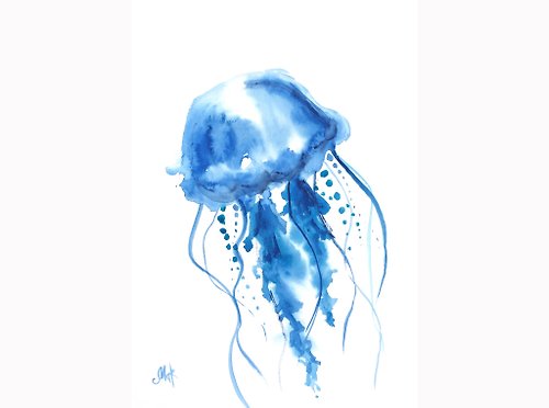 Nataly Mak Jellyfish Painting Navy Blue Nautical Original Watercolor Sea Creature Wall Art