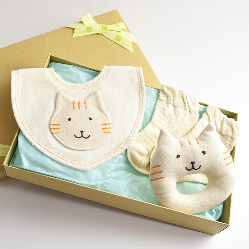 [Pinkoi Store Exclusive] Gift Set N-1 Cat Cat Collection 100% Organic Cotton Bib Rattle Socks 3 Piece Set Made in Japan - Baby Gift Sets - Cotton & Hemp White