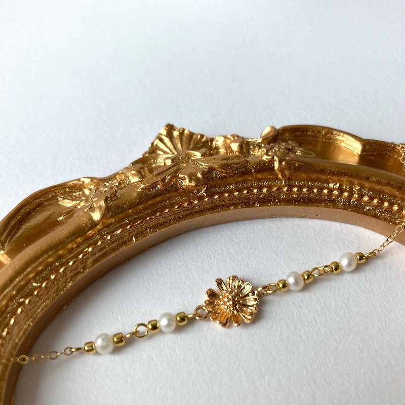 14K包金天然珍珠雛菊手鏈 手環 項鍊 鎖骨鏈 14KGF - 手鍊/手鐲 - 珍珠 金色