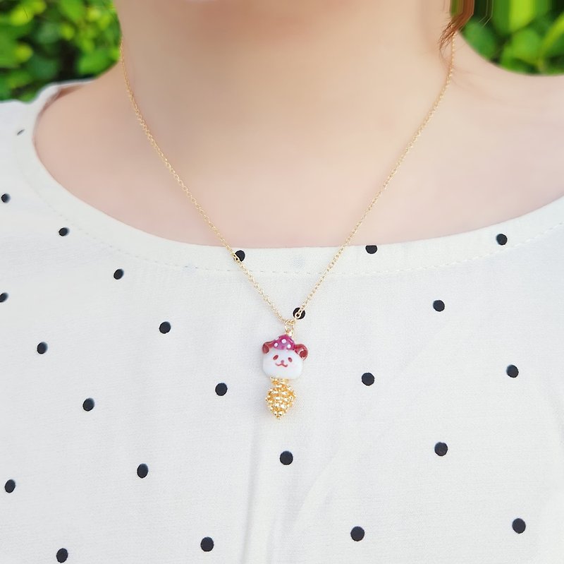 [Autumn in the Forest] Polka Dot Mushroom Bailey Hat Panda Baby Pinecone Necklace - Necklaces - Resin Red