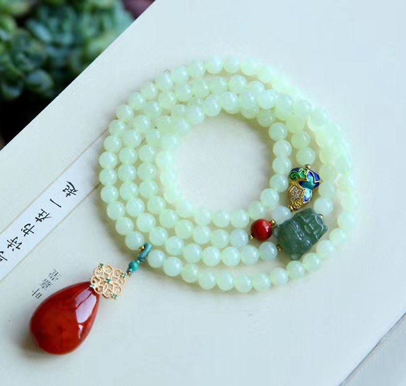 Top pure natural yellow mouth material Hetian jade original four-circle bracelet necklace jade is warm and delicate, super beautiful to use - สร้อยข้อมือ - หยก 