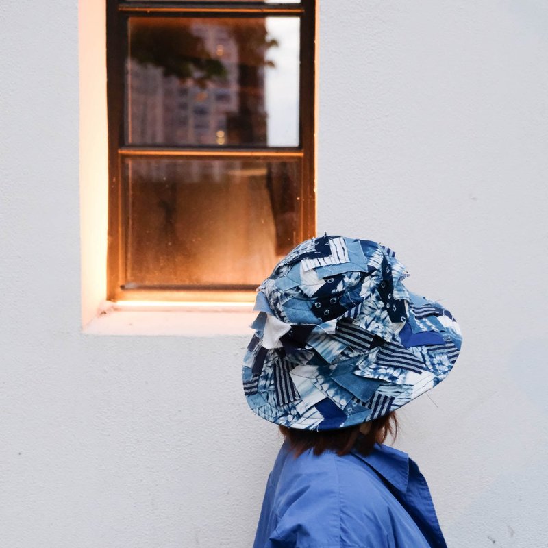 Blue dye tie-dye patchwork hat indigo sun hat wide brim fisherman hat bohemian Japanese style - Hats & Caps - Cotton & Hemp Blue