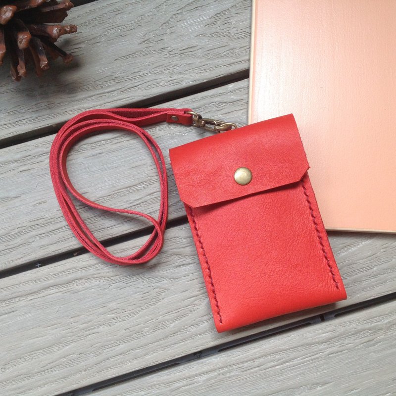 Straight identification card holder leisurely travel card holder card holder can be back hand-sewn change genuine leather. red - ID & Badge Holders - Genuine Leather Red