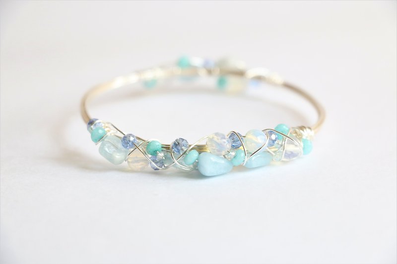 Aquamarine wire wrapped bracelet - natural crystal silver bracelet  - Bracelets - Gemstone Blue