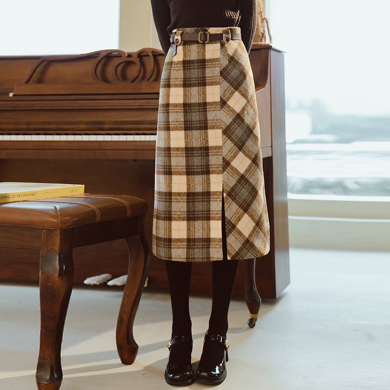 Diamond pattern mid-length high-waisted skirt, western style, thin a-line package hip skirt, plaid dress - One Piece Dresses - Polyester 