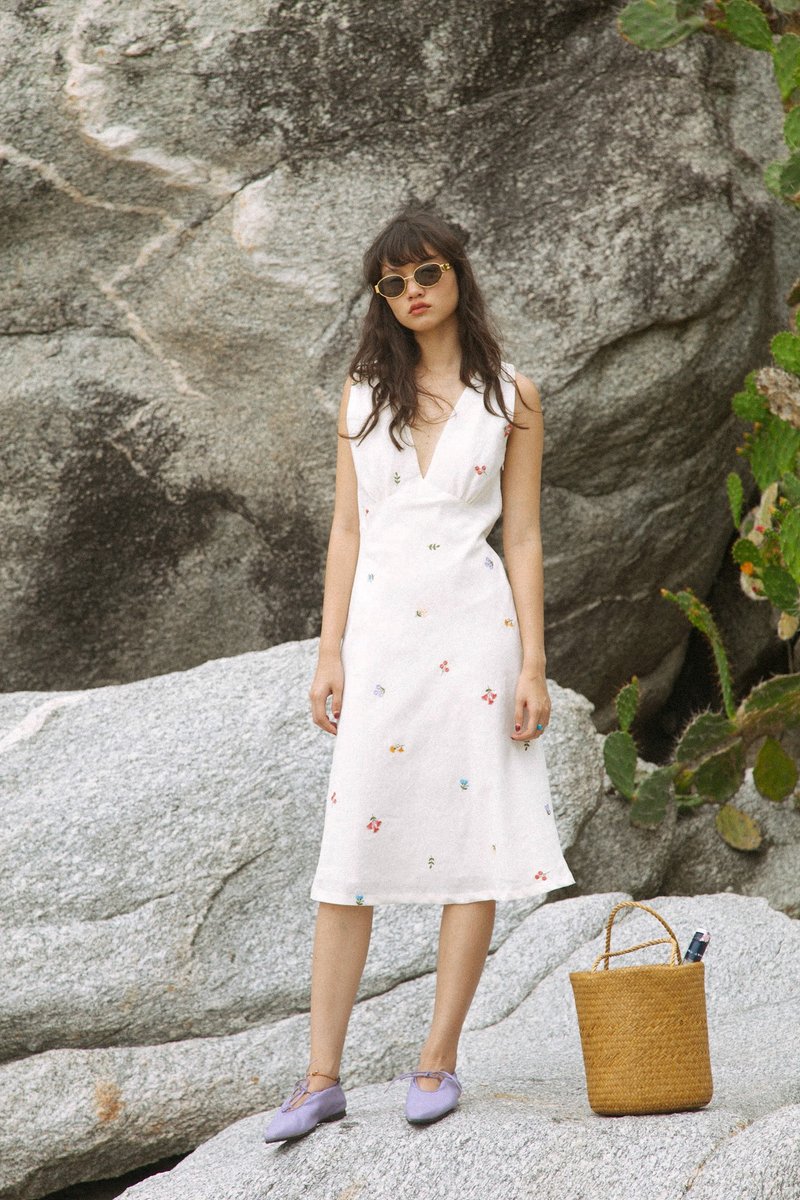 V-neck Midi Dress - 洋裝/連身裙 - 亞麻 白色