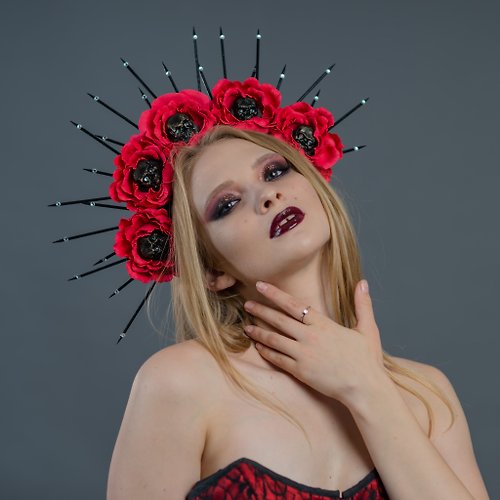LepotaAccessories Gothic wedding headpiece Red rose flowers crown Black sugar skull Halloween