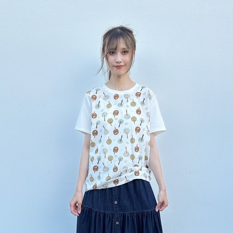 Hana Mokuba 圓領小樹滿版抓褶上衣 - 女上衣/長袖上衣 - 其他材質 