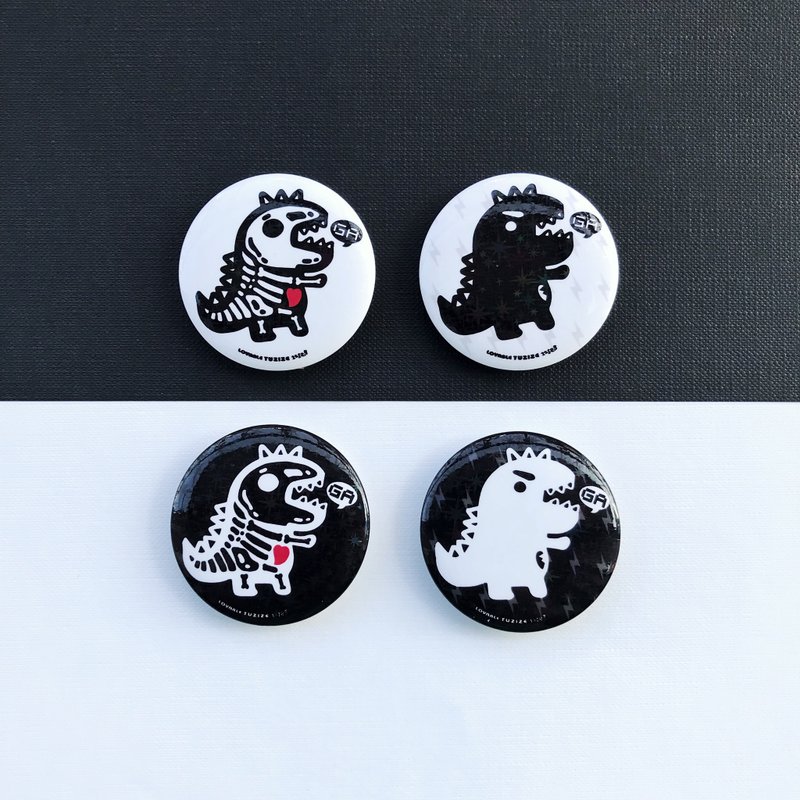 Funny Badge/Key Ring Charm - Black and White Tyrannosaurus - เข็มกลัด/พิน - พลาสติก 