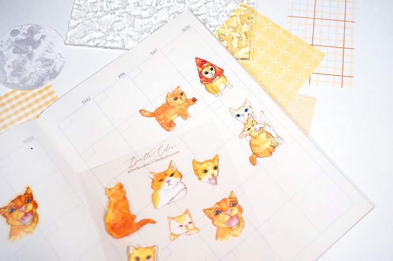 【啊啊啊貓】水彩插畫 白墨PET貼紙 手帳 可愛 貓貓 - 貼紙 - 紙 黃色