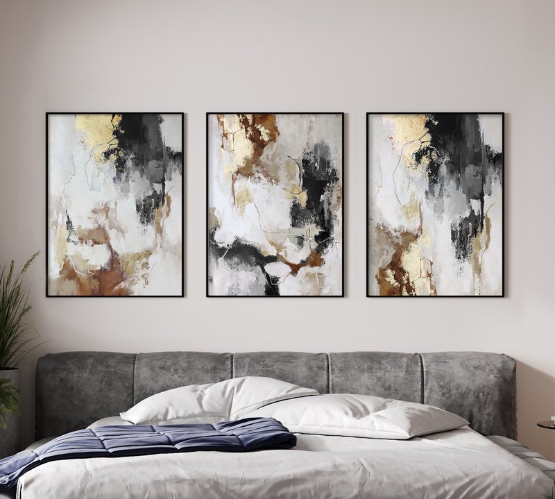 Gray Painting | Gray Gold Painting | Gray Abstract Painting| Gray Flux set of 3 - 壁貼/牆壁裝飾 - 棉．麻 灰色