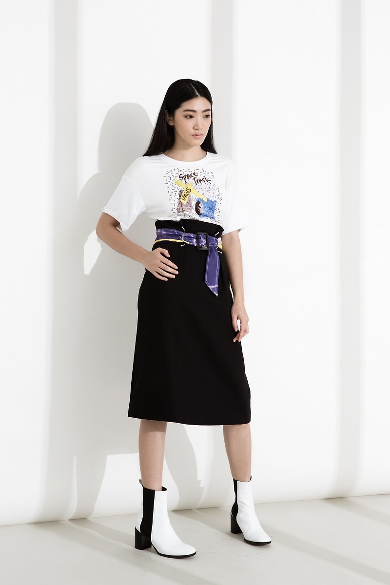 CLLECTION1~SPACE TRASH Printed Belt High Waist A-Line Skirt - Skirts - Other Materials Black