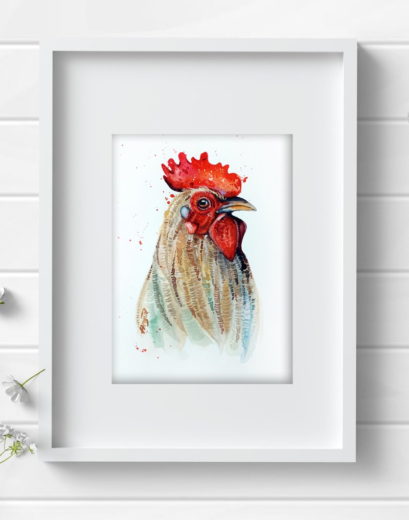 Watercolor original art rooster bird room decor cock painting by Anne Gorywine - Wall Décor - Paper White