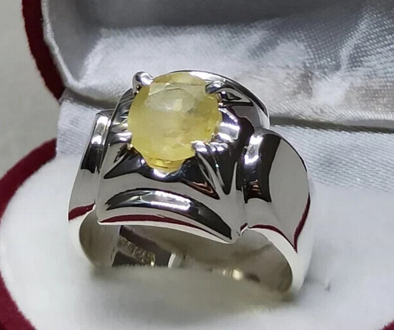 3 Carat Yellow Sapphire Ring Sterling Silver Handmade Mens Ring Yellow Sapphire - 戒指 - 寶石 黃色