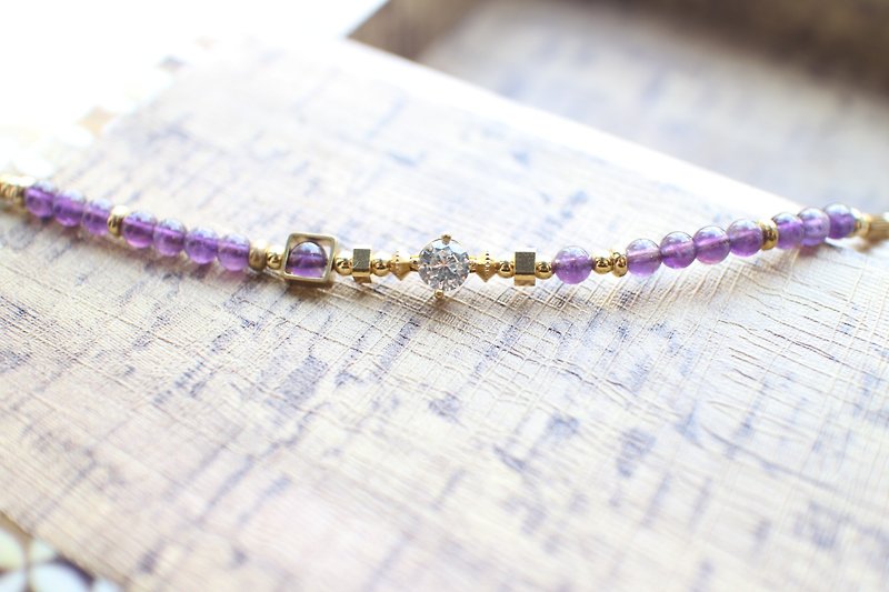 Purple~Amethyst/zircon/brass handmade bracelet - Bracelets - Other Metals Purple