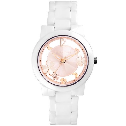米朵貝菈．時光的禮物 RELAX TIME Garden系列 鏤空陶瓷腕錶-白X粉紅(RT-80-3) 贈手環
