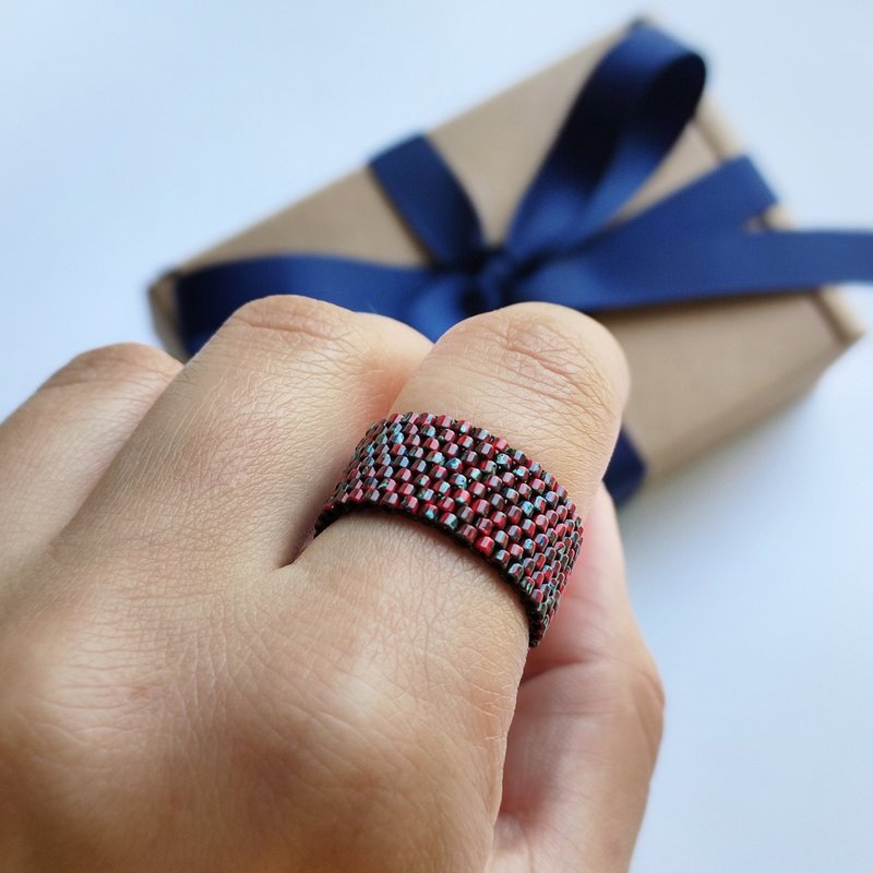 Red beaded ring Original handmade ring Beautiful jewelry Elegant ring - General Rings - Glass Red