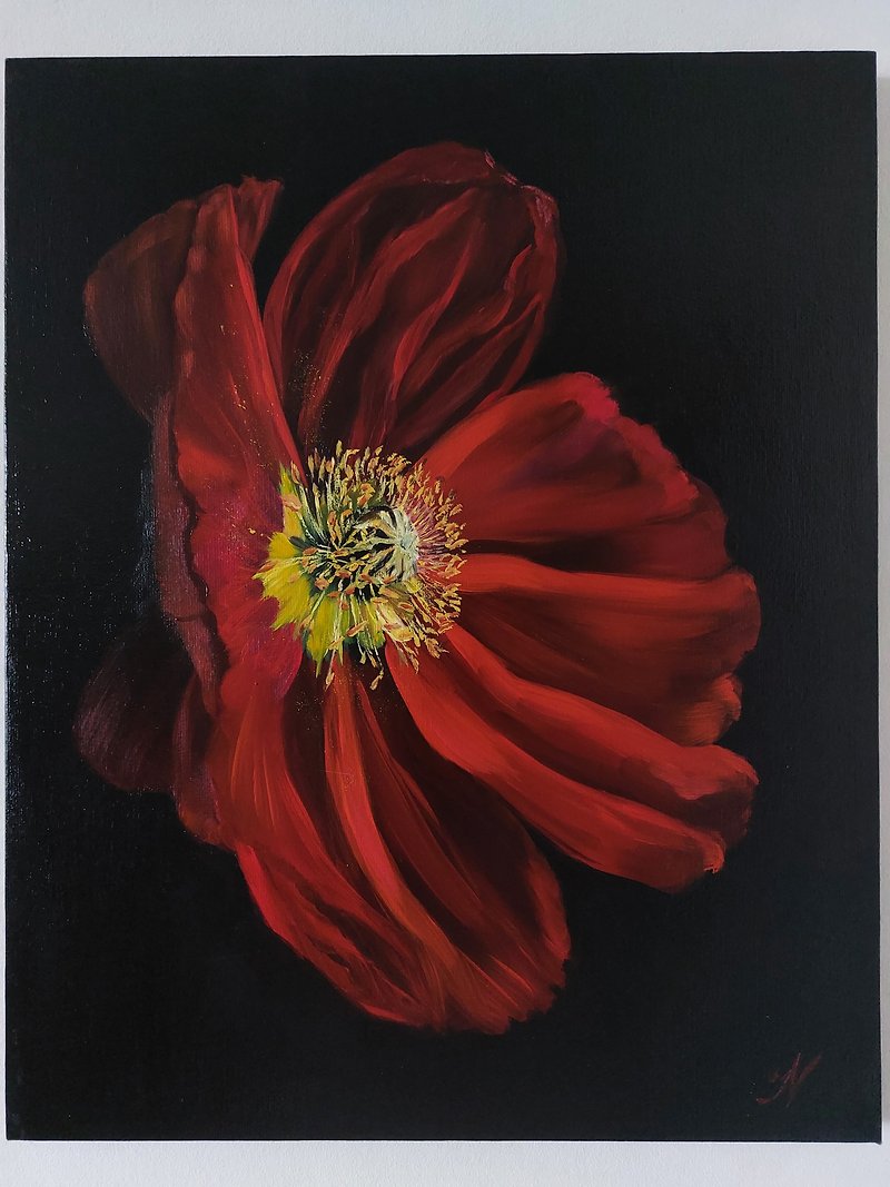 Flower painting Scarlet poppy Botanical art - ตกแต่งผนัง - ผ้าฝ้าย/ผ้าลินิน สีแดง