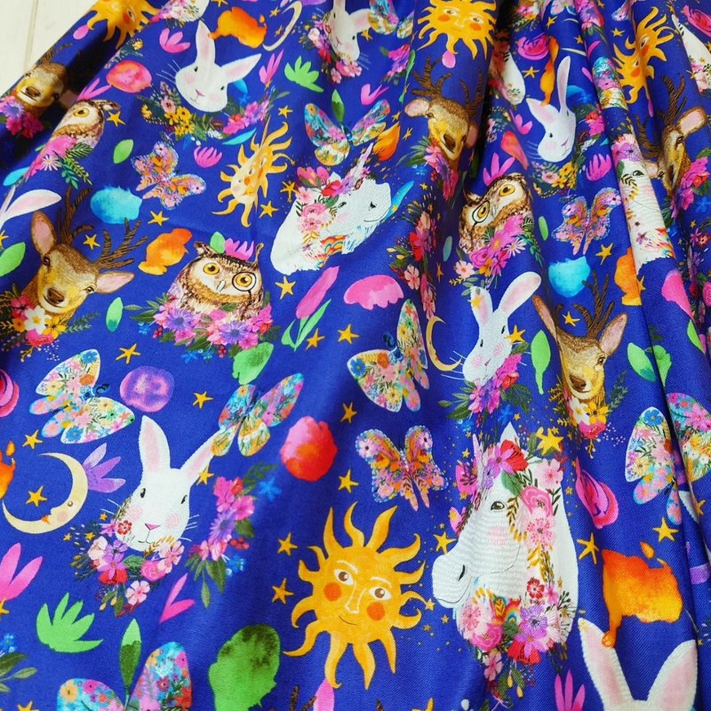 【受注制作】ユニコーンと動物たちの花冠スカート / Free size / USA fabric / 日本製 - 裙子/長裙 - 棉．麻 藍色