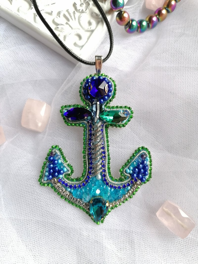 Crystal Pendant, Bead Pendant, Anchor Pendant, Sea Jewelry, Blue Jewelry - Necklaces - Crystal Blue