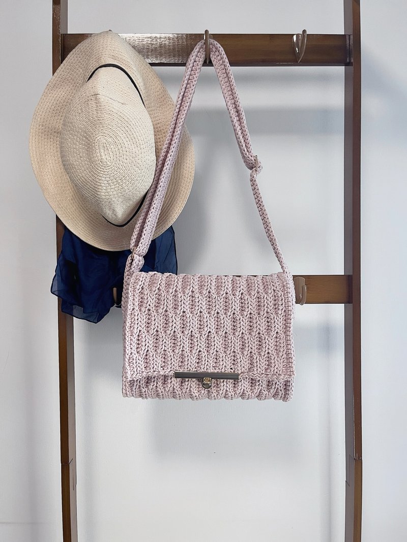 Handmade crochet Waves crossbody bag - sakura pink knit cotton handbag purse - Messenger Bags & Sling Bags - Cotton & Hemp Pink