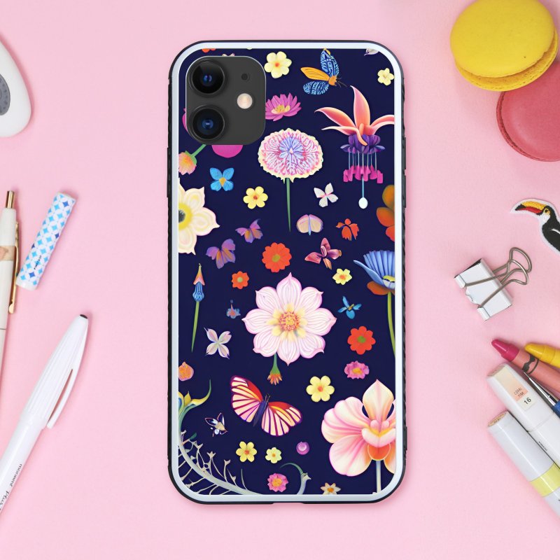 Mysterious flower lover flying around colorful and vibrant Nordic floral pattern smartphone case [tempered glass finish] compatible with iPhone 16 - เคส/ซองมือถือ - พลาสติก หลากหลายสี