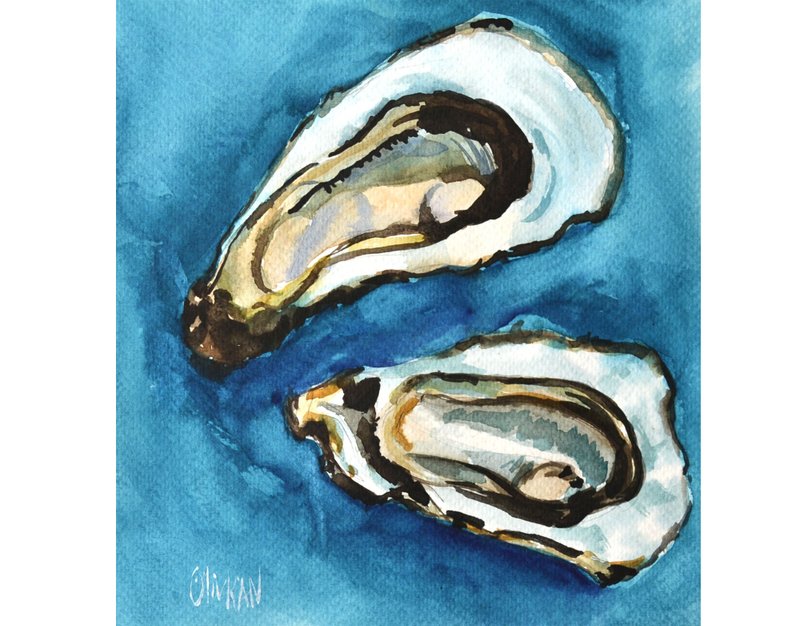 Oyster Art Seafood Watercolor Painting Eat Artwork Oyster Wall Art - 其他家具 - 紙 藍色