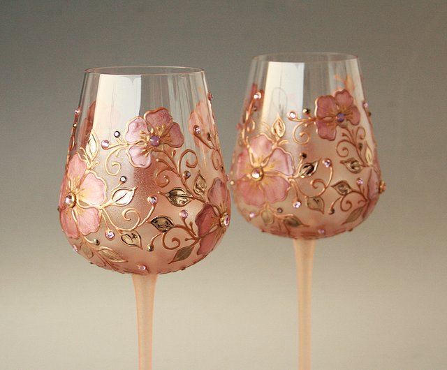 Wine Glasses Black Gold Flowers Swarovski Crystals, Hand-painted set of 2 -  Shop NeA Glass Bar Glasses & Drinkware - Pinkoi