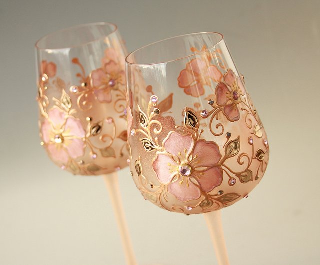 Wine Glasses Black Gold Flowers Swarovski Crystals, Hand-painted set of 2 -  Shop NeA Glass Bar Glasses & Drinkware - Pinkoi