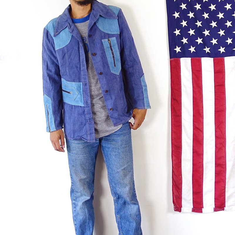 BajuTua / vintage / American-made 70's large lapel patchwork denim jacket - เสื้อสูทผู้ชาย - ผ้าฝ้าย/ผ้าลินิน สีน้ำเงิน