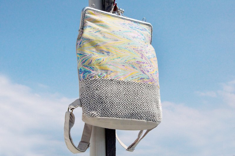 After opening the gold handmade patchwork bag backpack shoulder bag travel bag - rainbow color watercolor canvas hand-dyed cotton Linen - กระเป๋าเป้สะพายหลัง - ผ้าฝ้าย/ผ้าลินิน หลากหลายสี