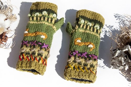 omhandmade 手織純羊毛針織手套/露趾手套/內刷毛手套/保暖手套-立體花朵刺繡