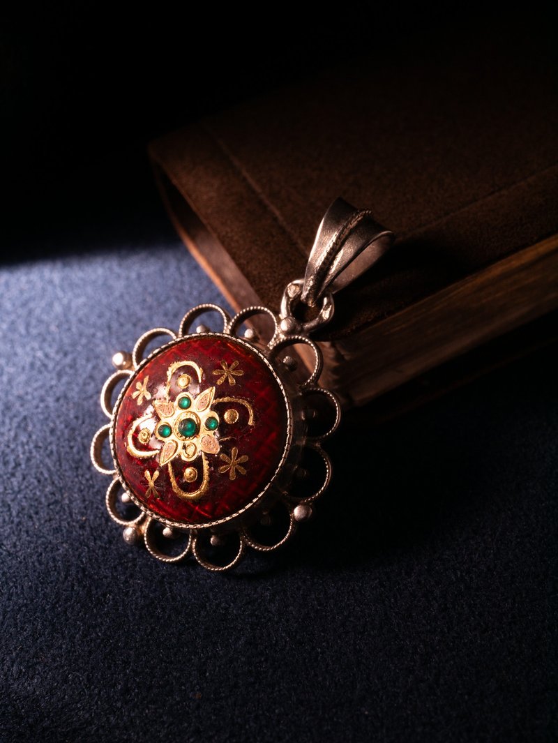 1890s French regional jewelry Bresson enamel sun filigree pendant - สร้อยคอ - เงิน สีแดง