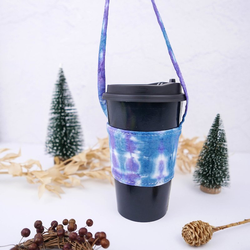 Crystal Handmade Tie dye Reusable Coffee Sleeve Xmas gifts - Beverage Holders & Bags - Cotton & Hemp Blue
