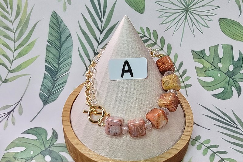 Natural Stone Coral Jade Design 14K Gold Double Bracelet Pray for Fortune Gift - Bracelets - Semi-Precious Stones 