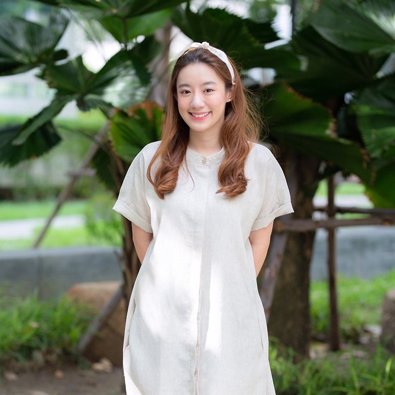 Mandarin Collar With Short Folded Sleeves Dress : Natural - 連身裙 - 棉．麻 卡其色