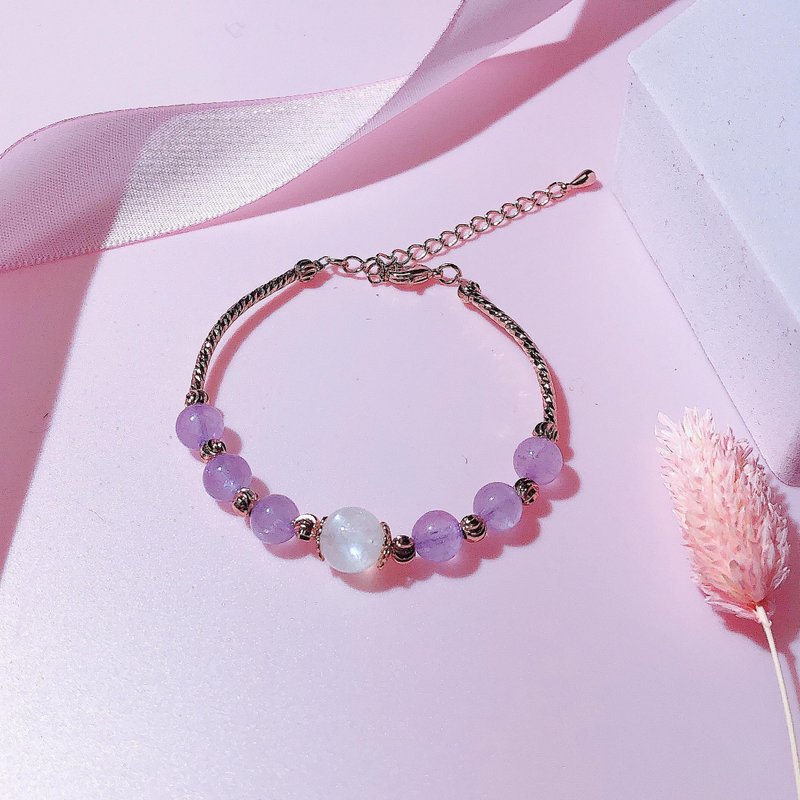 月亮石 紫晶 水晶手鏈 天然石 生日禮物 愛情 - 手鍊/手環 - 水晶 紫色