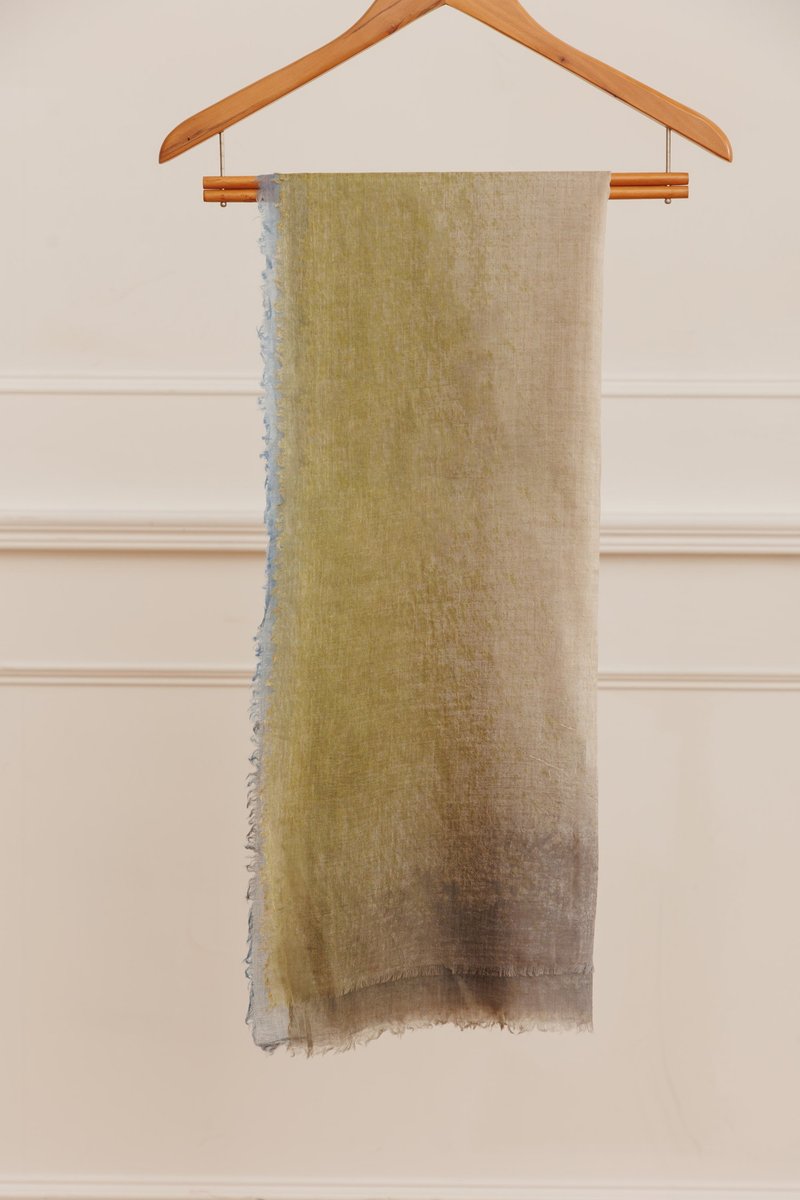 CASHMERE Thin ultra-high count cashmere shawl | MOSS GREEN DENIM BLUE | - ผ้าพันคอถัก - ขนแกะ หลากหลายสี