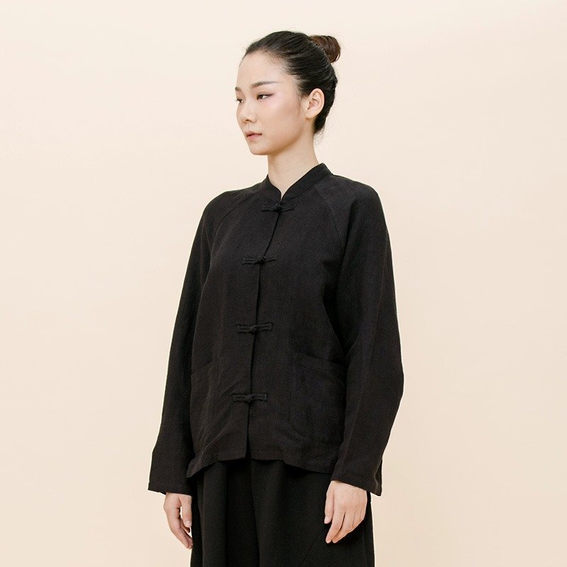 BUFU  Chinese-style unisex embroider with embroidery/black  SH170806 - シャツ・ブラウス - コットン・麻 ブラック