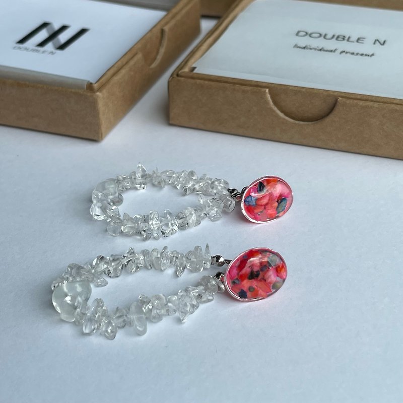 Natural crystal beads hoop shell earrings - Earrings & Clip-ons - Resin Pink