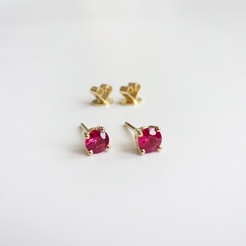 Natural Ruby Round Cut 18K Solid Yellow Gold Stud Earrings 0.64ct - ต่างหู - เครื่องเพชรพลอย สีแดง