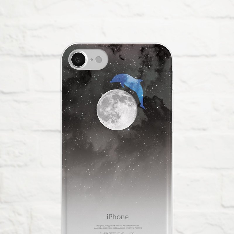 Dolphin on a Full Moon, Clear Soft Case, iPhone 11, Xr to iPhone SE, Samsumg - เคส/ซองมือถือ - ซิลิคอน สีน้ำเงิน