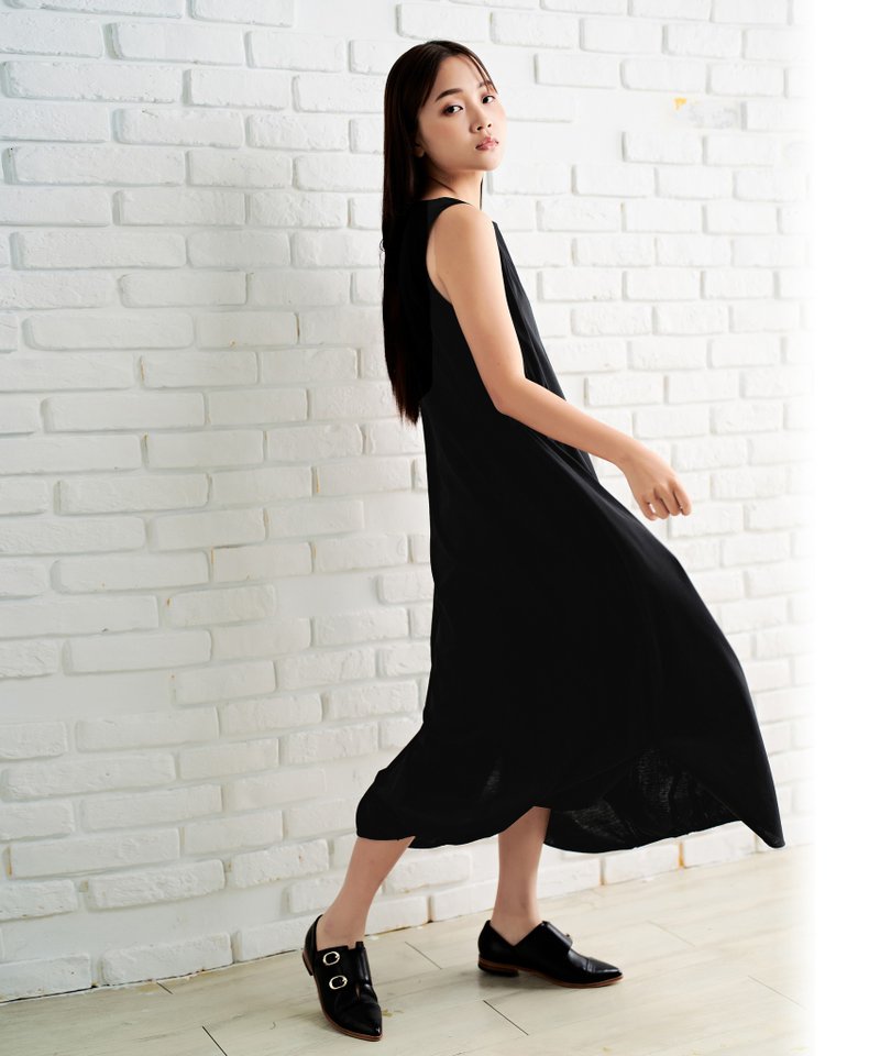 過膝垂墜長洋裝-黑色精梳純棉 - 連身裙 - 棉．麻 黑色