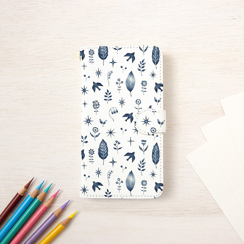 Notebook type smartphone case "Blue birds and stars" TSC-293 - Phone Cases - Plastic Blue