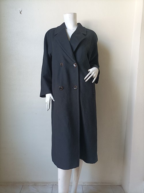 cvintageland Vintage - Cashmere - Women's Loose Fit Double Breasted Black Long Coat Jacket