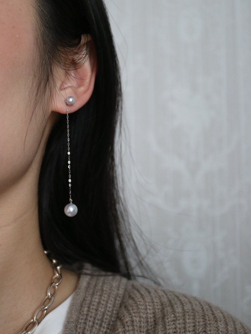 5+8mm Akoya pearl earrings, 2-way dangling earrings, natural gray, made in Japan, platinum, shipped directly from Japan, 5+8mm Akoya pearl earrings, ear nails, uncolored, matama color - ต่างหู - ไข่มุก สีเงิน