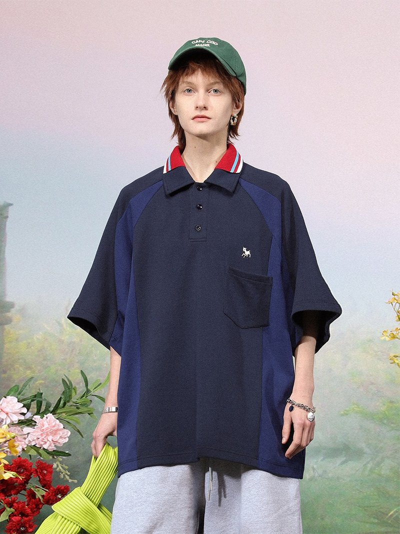 UNVESNO小羊刺繡拼接撞色插肩袖短袖Polo衫日系純棉T恤 SWS-1535 - 男 T 恤 - 棉．麻 藍色